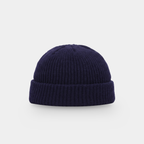 Navy men's fisherman beanie, short docker hat with a turned cuff, front view