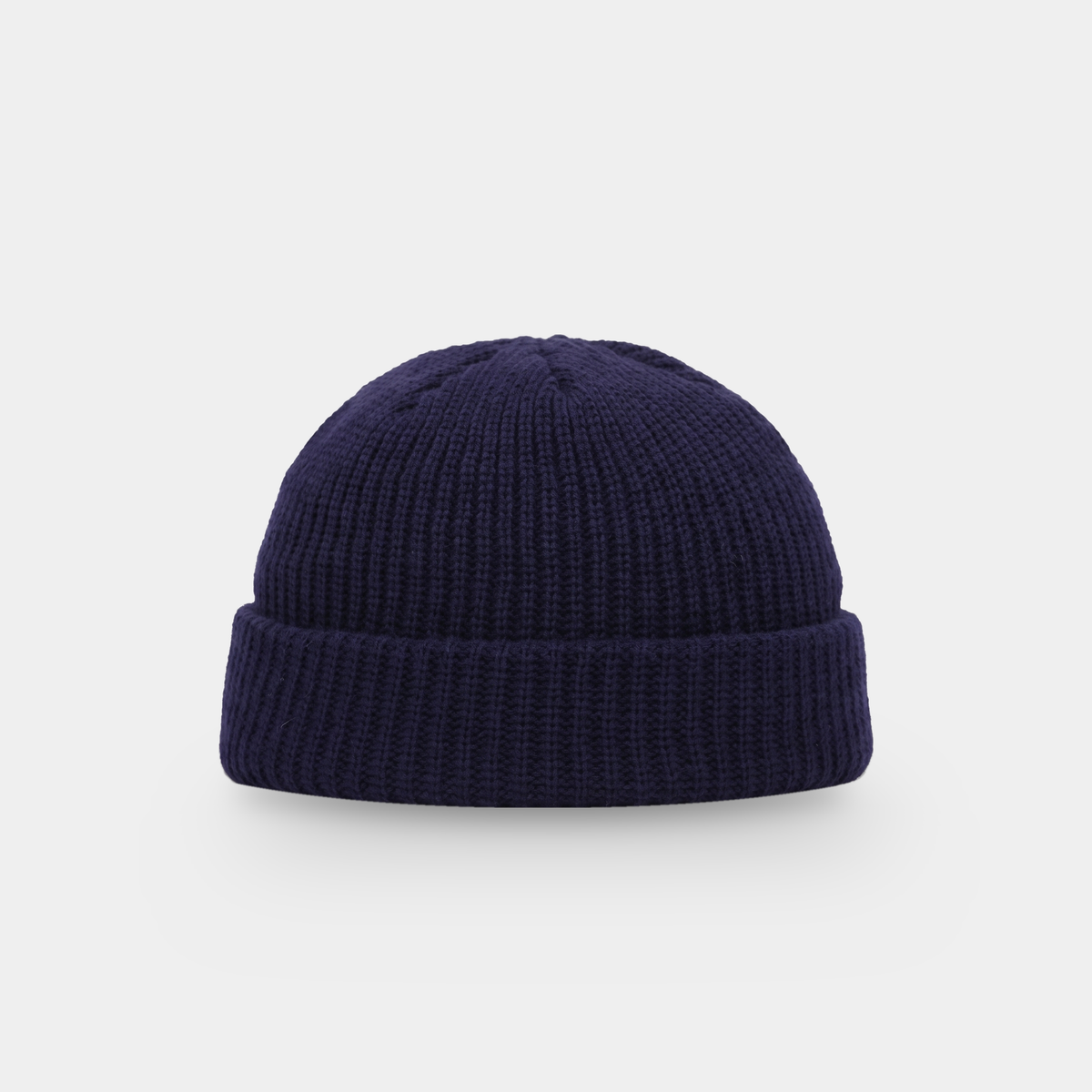 Navy men's fisherman beanie, short docker hat with a turned cuff, front view