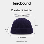 Fisherman beanie measurements: fits 55 to 60 cm, 16 cm tall, 18 cm wide, 6 cm cuff