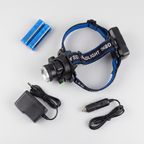 Head torch with two 18650 cells, mains charger and car charger