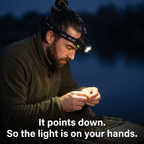 Head torch tilted down lighting hands tying a fishing rig