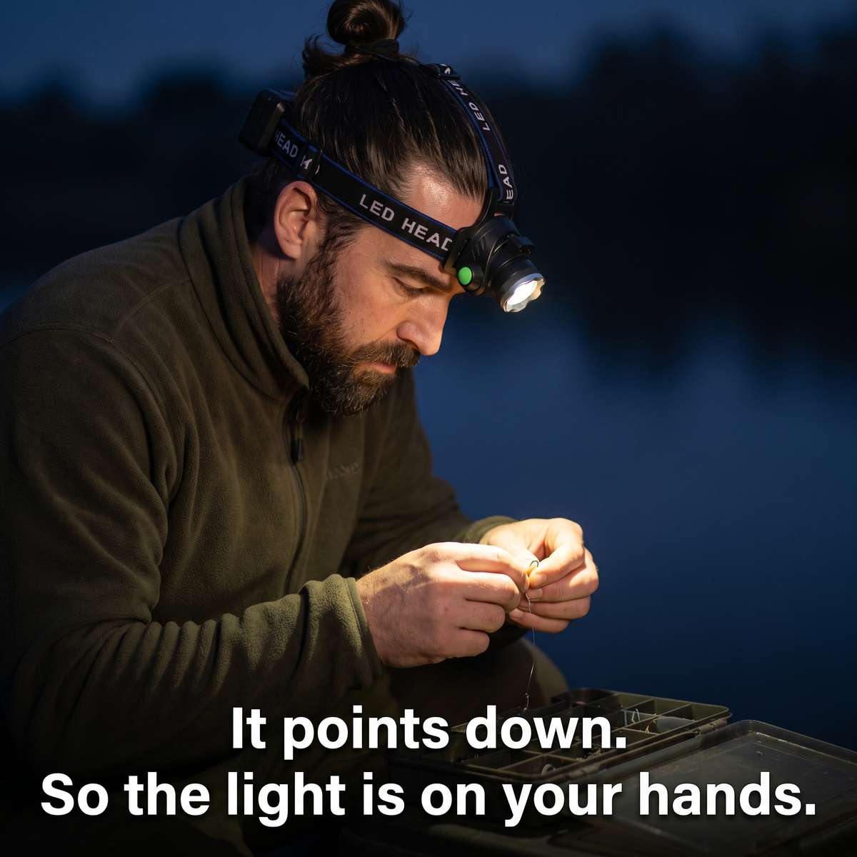 Head torch tilted down lighting hands tying a fishing rig