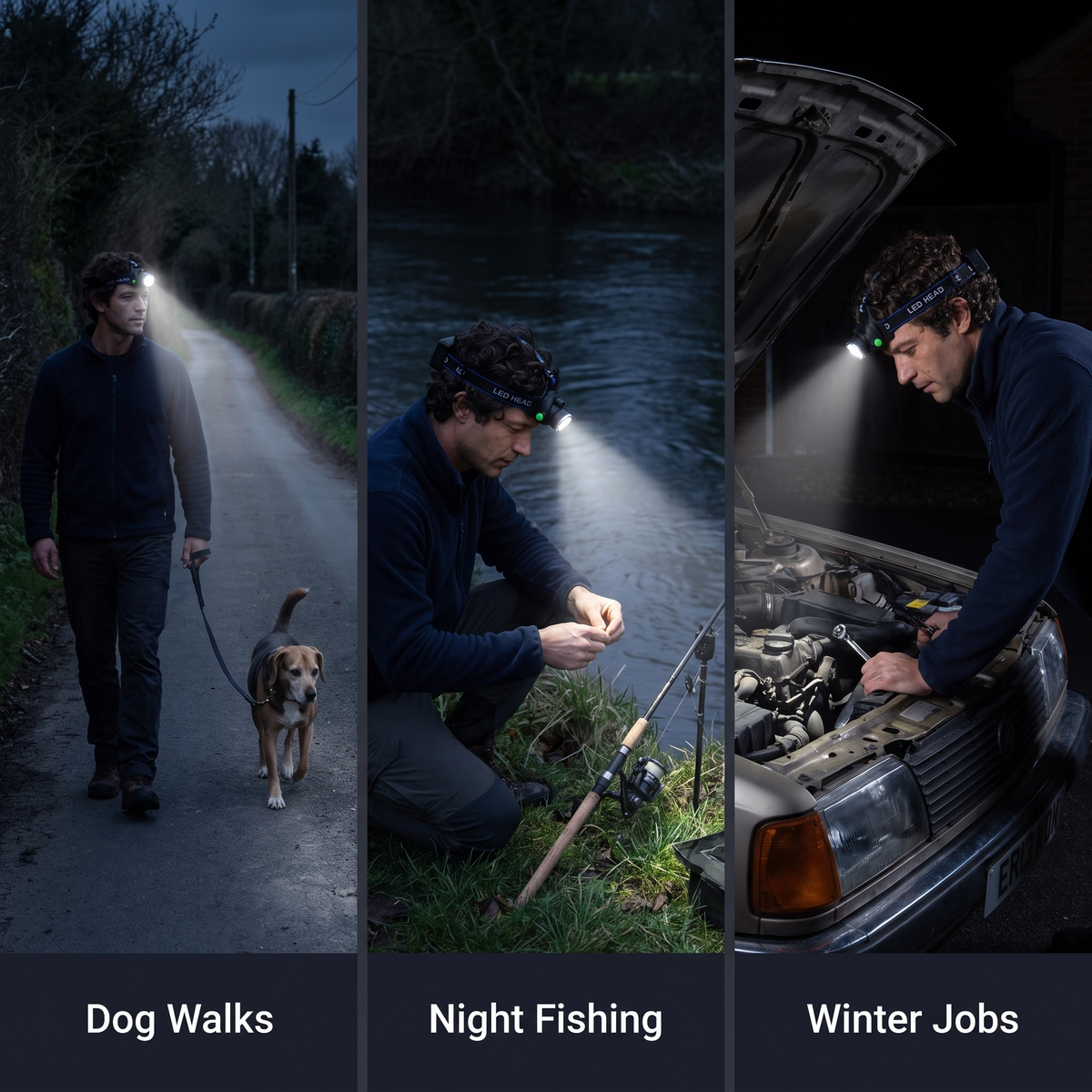 Head torch for dog walks, night fishing and winter jobs