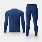 Back of the navy long johns set: plain back on the top, centre seam and elastic waistband on the leggings