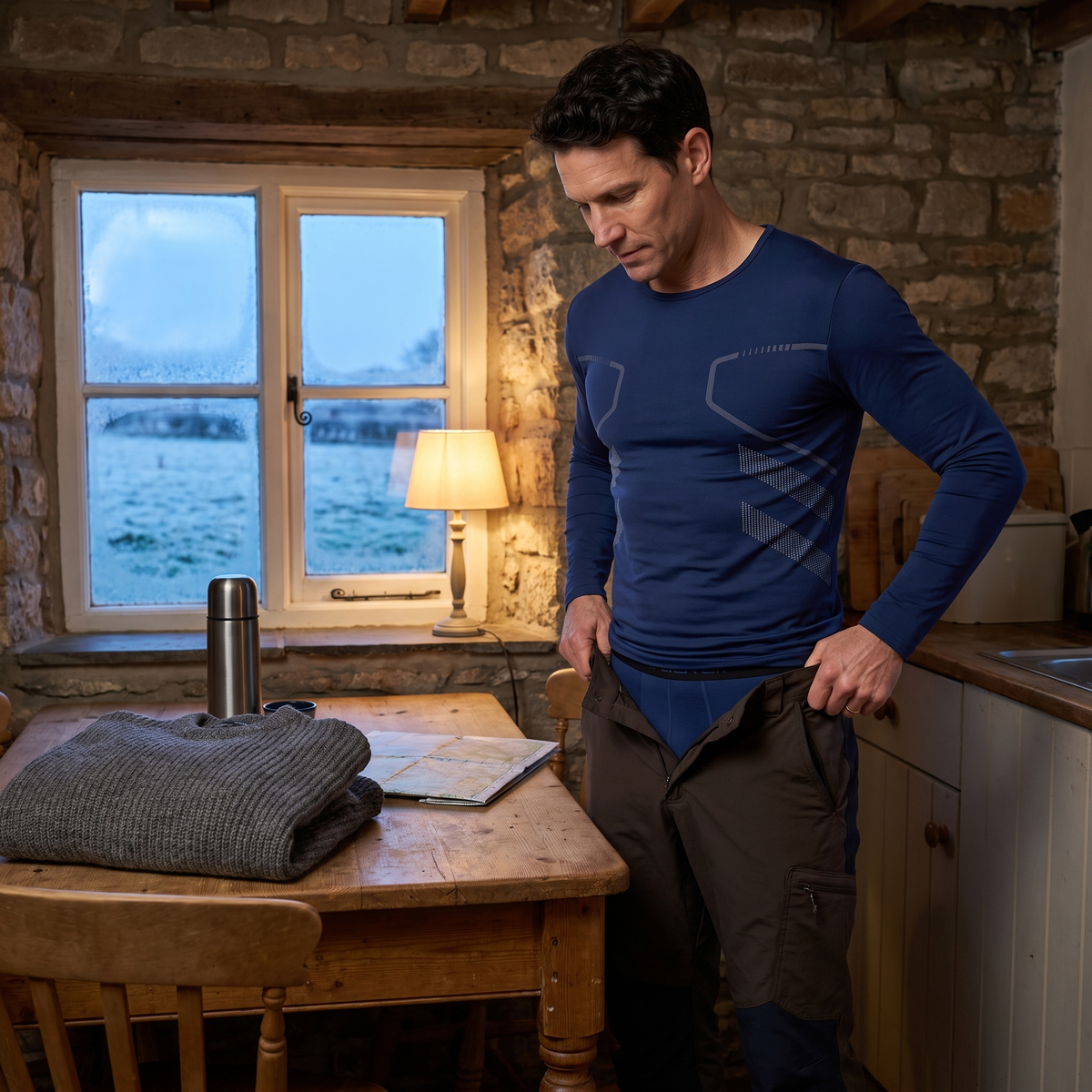 Man pulling walking trousers on over the navy long johns in a cottage kitchen in Britain before dawn
