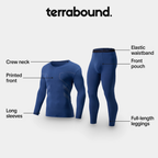 Long johns set details: crew neck, printed front, long sleeves, elastic waistband, front pouch, full-length leggings