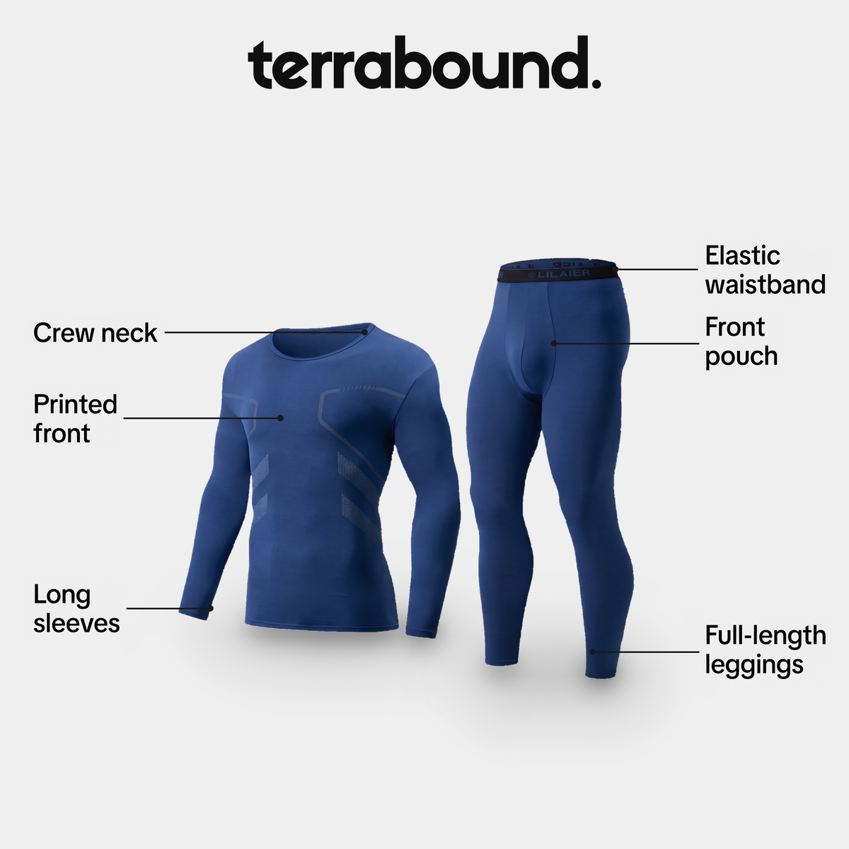 Long johns set details: crew neck, printed front, long sleeves, elastic waistband, front pouch, full-length leggings