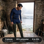 Angler stepping into chest waders over the navy long johns set in a fishing hut in Britain: 2 pieces, 95% polyester, S to XXL
