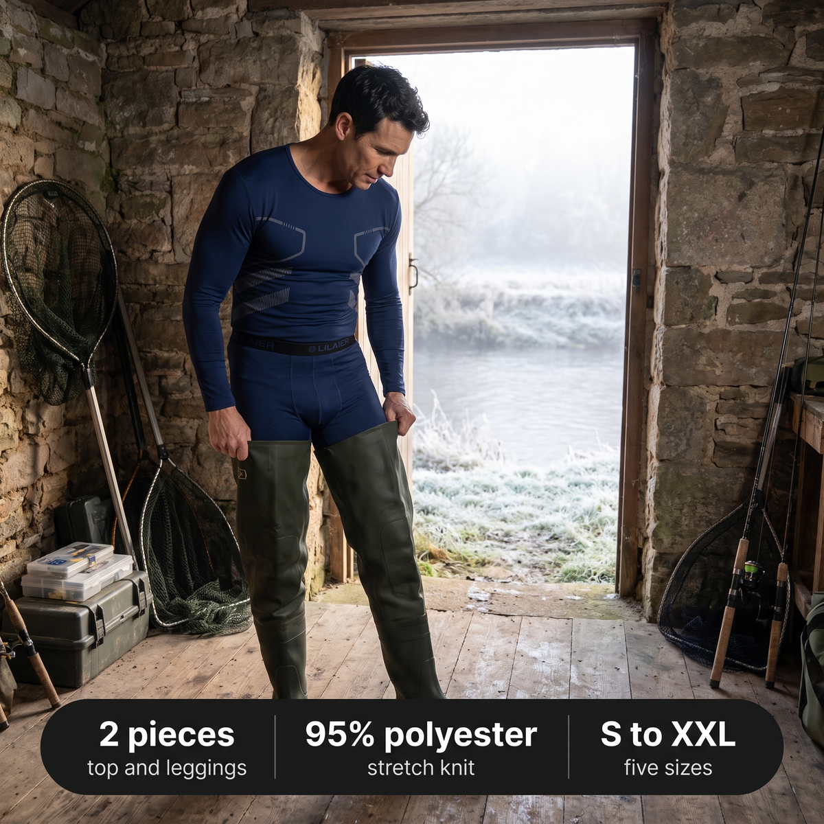 Angler stepping into chest waders over the navy long johns set in a fishing hut in Britain: 2 pieces, 95% polyester, S to XXL