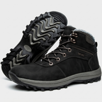 Men's fur lined winter walking boots in black with grey lug sole