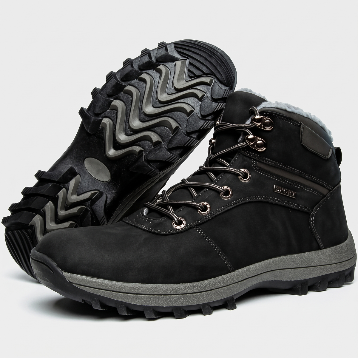 Men's fur lined winter walking boots in black with grey lug sole
