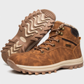 Men's fur lined winter walking boots in dark brown with chevron lug sole