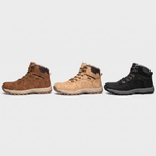 Men's winter boots in dark brown, khaki and black side by side