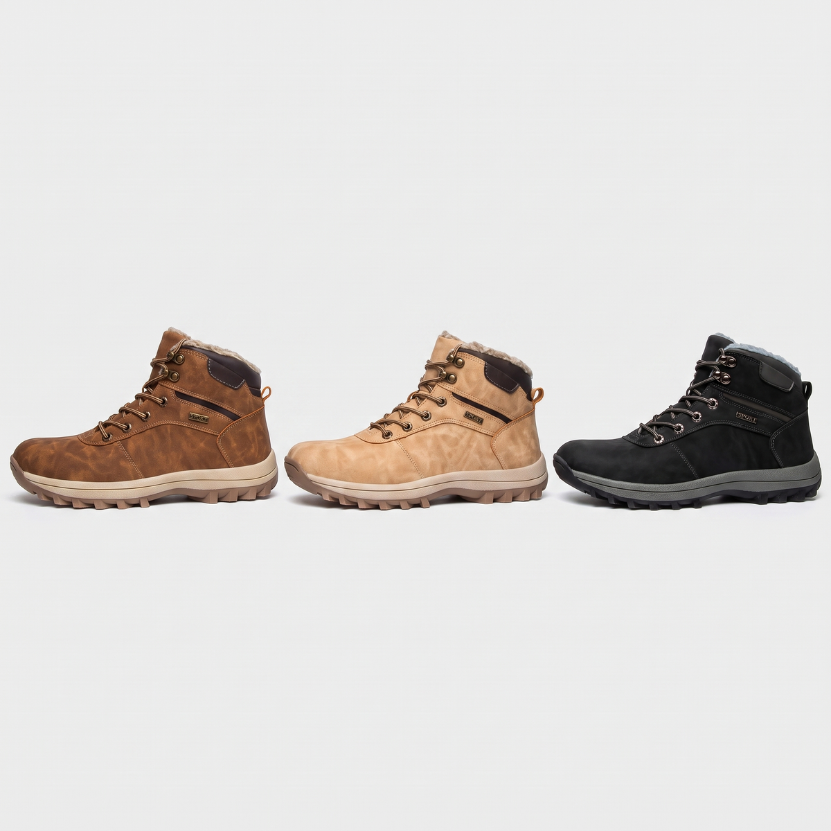 Men's winter boots in dark brown, khaki and black side by side