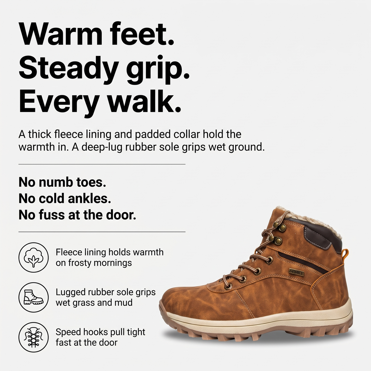 Men's winter boots fleece lining, lug sole and speed hooks explained