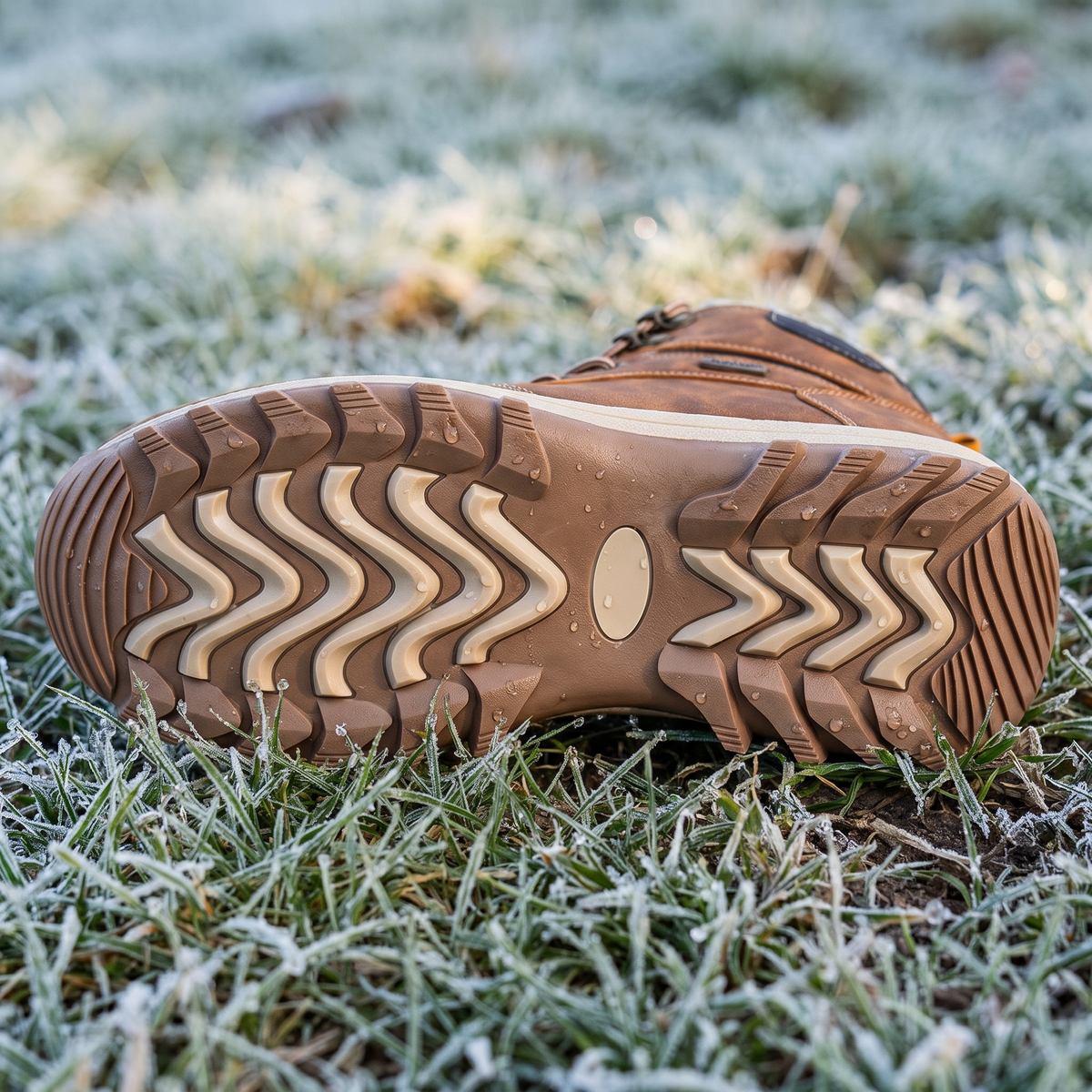 Deep chevron lug rubber sole of the men's winter boot on wet frosty grass