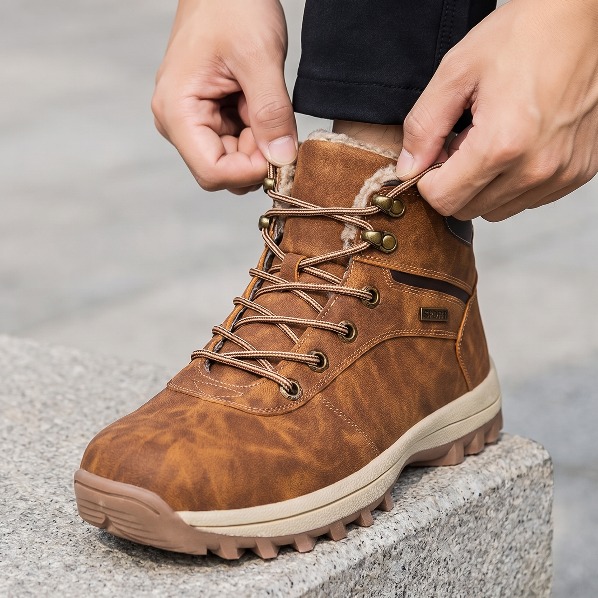 Lacing the men's winter boot through the metal speed hooks