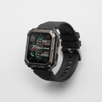 Rugged smart watch with black case and black silicone strap