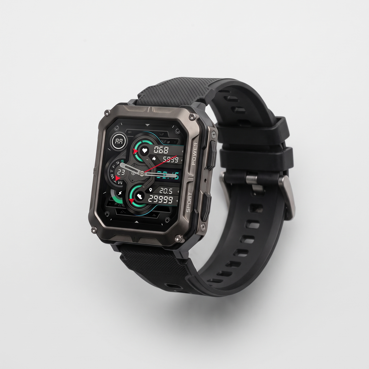 Rugged smart watch with black case and black silicone strap