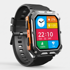 Rugged smart watch with orange side accents and black silicone strap