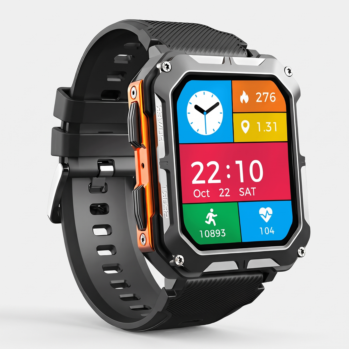 Rugged smart watch with orange side accents and black silicone strap