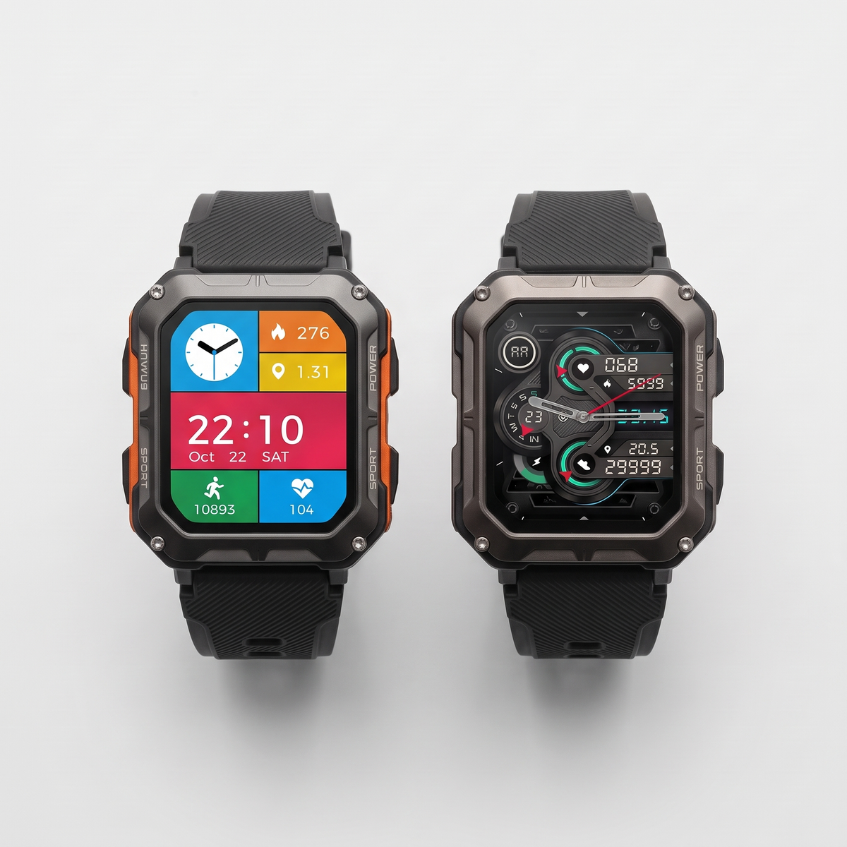 Rugged smart watch in orange and black side by side