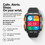 Rugged smart watch calls alerts and step tracking infographic