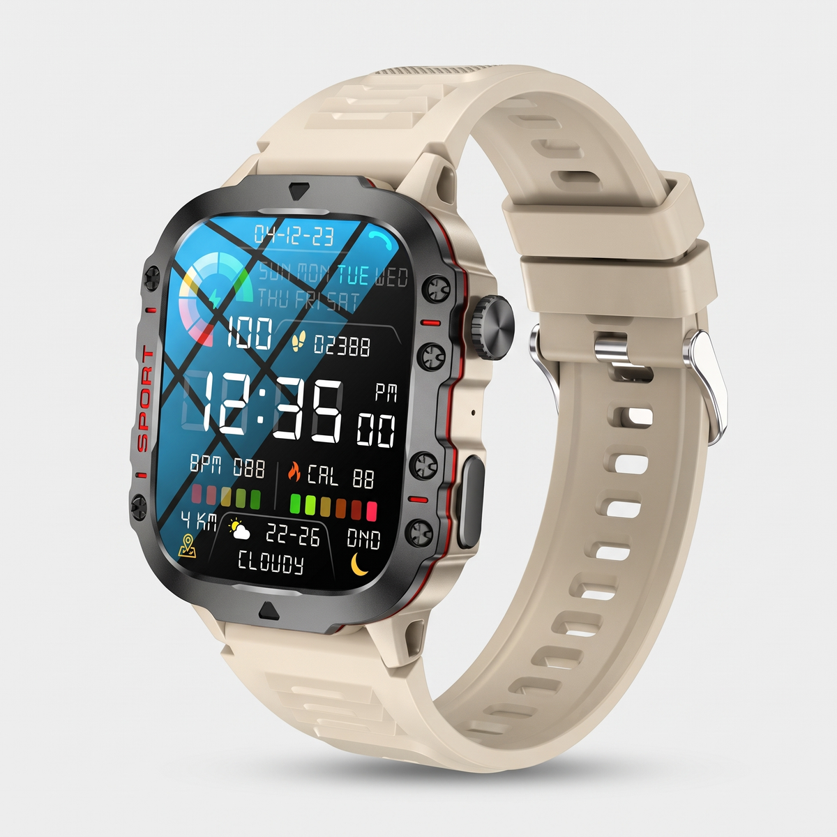 Outdoor smart watch with beige silicone strap and rugged octagonal case