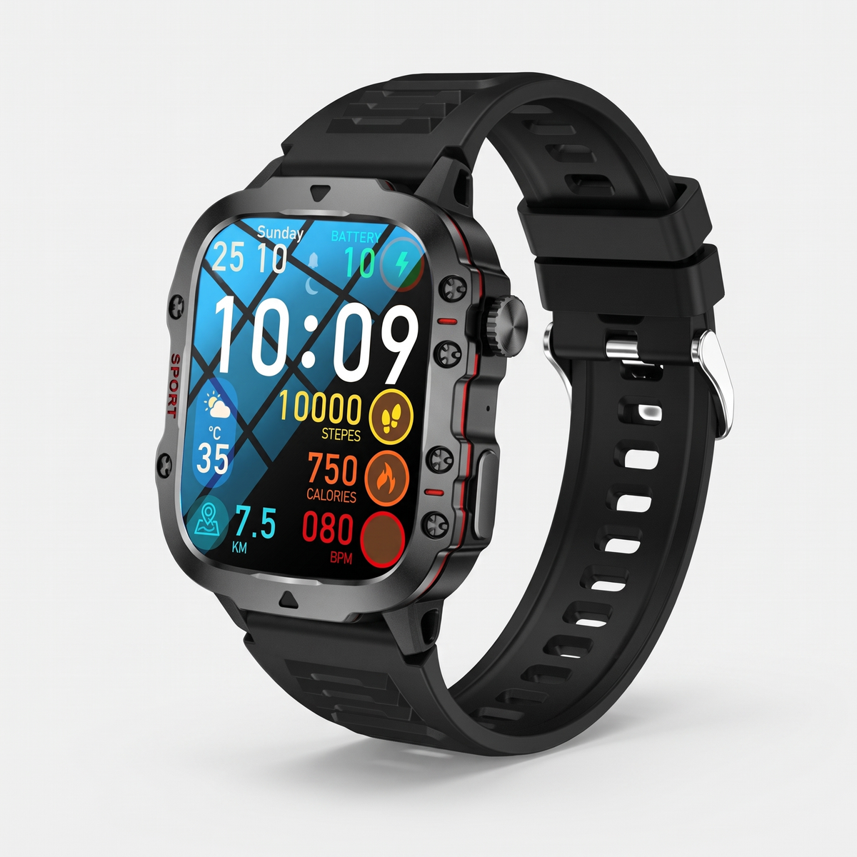 Outdoor smart watch with black silicone strap and rugged octagonal case