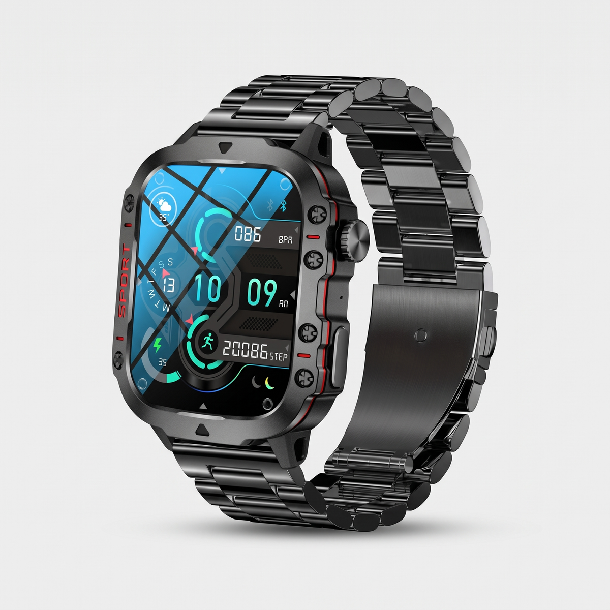 Outdoor smart watch with metal link bracelet and rugged octagonal case