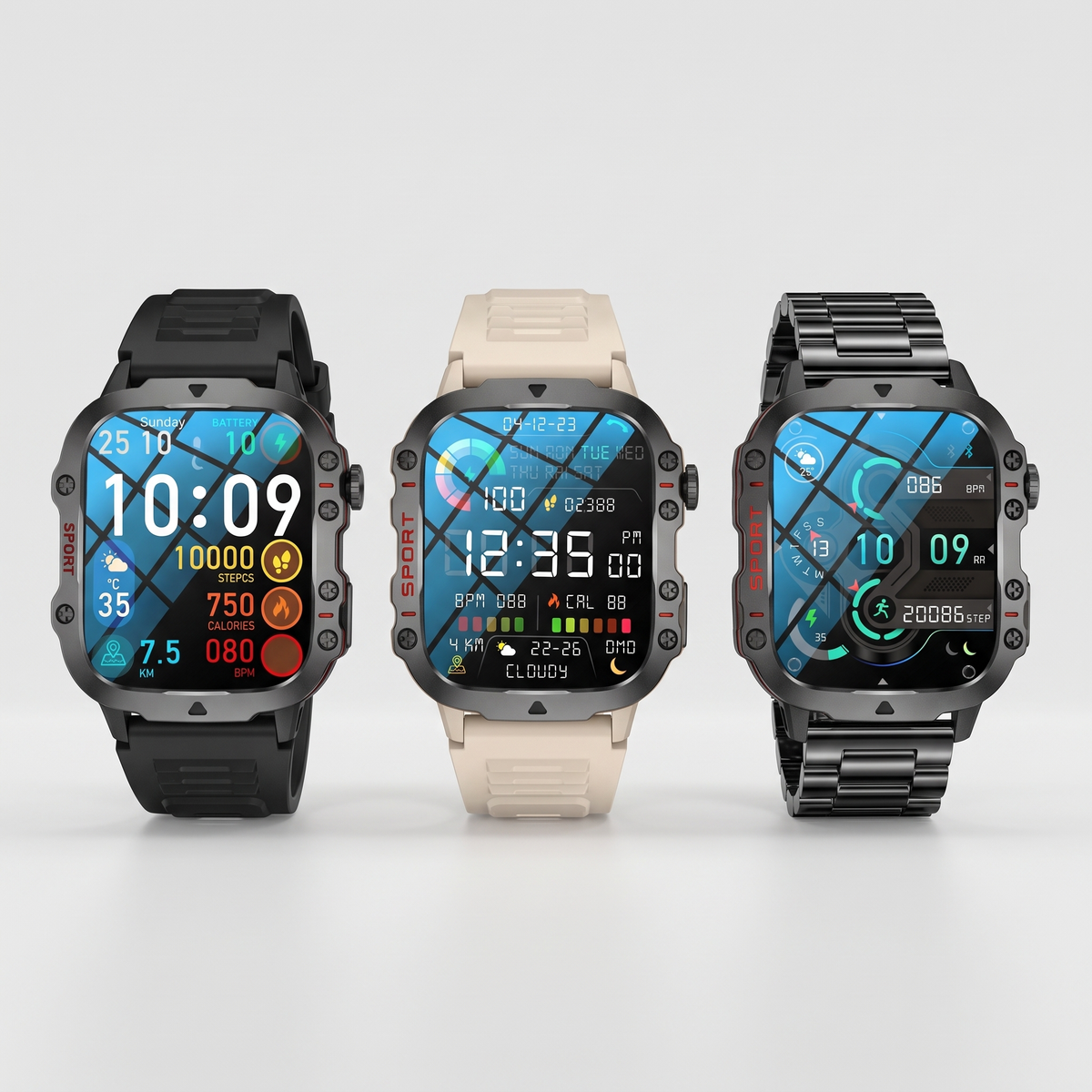 Smart watch in Silicone Black, Silicone Beige and Steel side by side