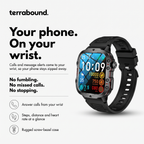 Smart watch infographic showing calls, step and heart rate tracking and the screw-bezel case