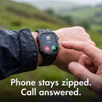 Incoming call on the smart watch screen on a wet wrist, phone stays zipped away