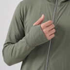 Extended cuff with thumb loop covering the back of the hand