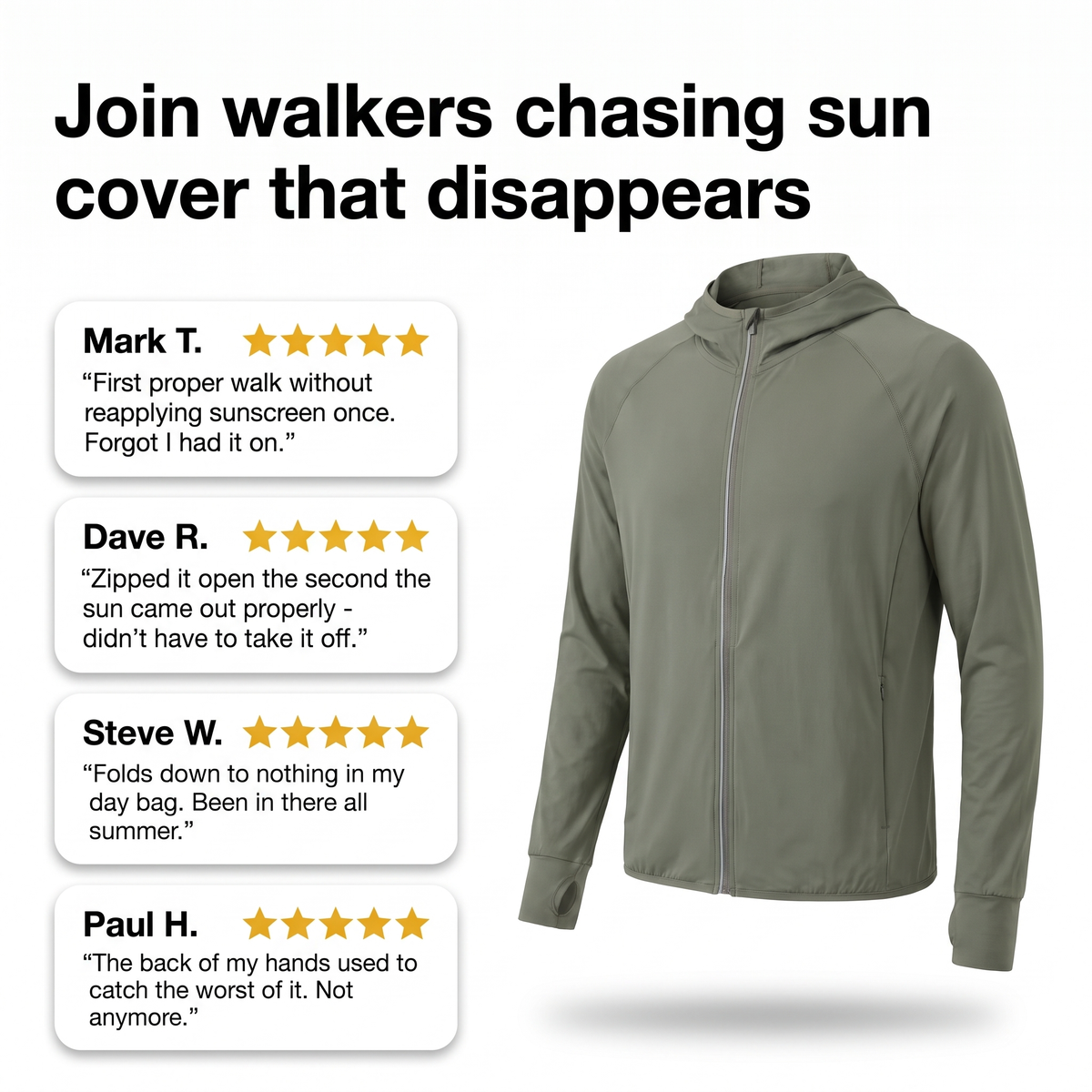 Customer reviews alongside the army green full-zip sun hoodie
