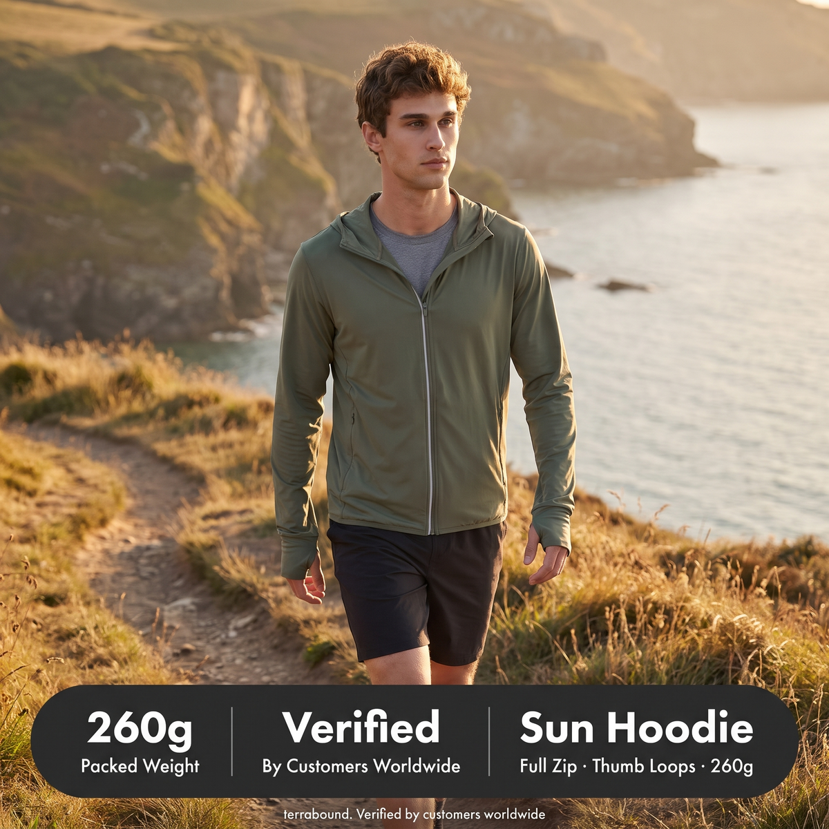 Man walking a coastal clifftop path in the sun hoodie, 260g packed weight stat bar