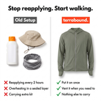 Old setup (sun cream, hat, neck gaiter) versus the terrabound full-zip sun hoodie