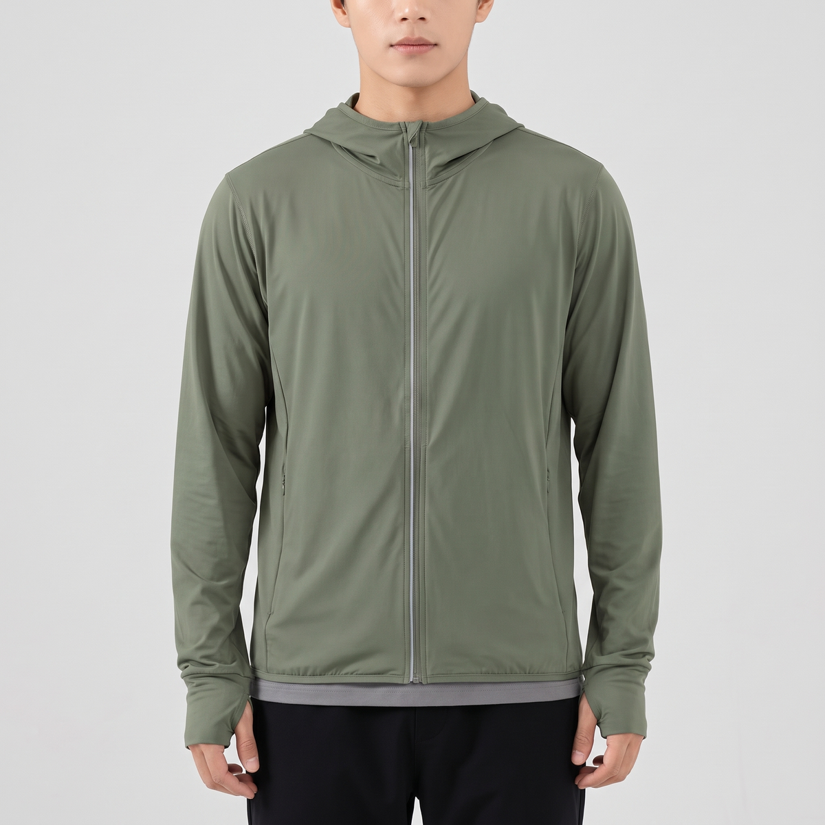 Men's full-zip sun hoodie in army green, front view, single reflective trim beside the zip