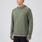 Men's full-zip sun hoodie in army green, three-quarter view, single reflective trim beside the zip