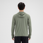 Men's full-zip sun hoodie in army green, back view showing the plain hood with no drawstring
