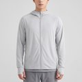 Men's full-zip sun hoodie in light grey, front view, single reflective trim beside the zip
