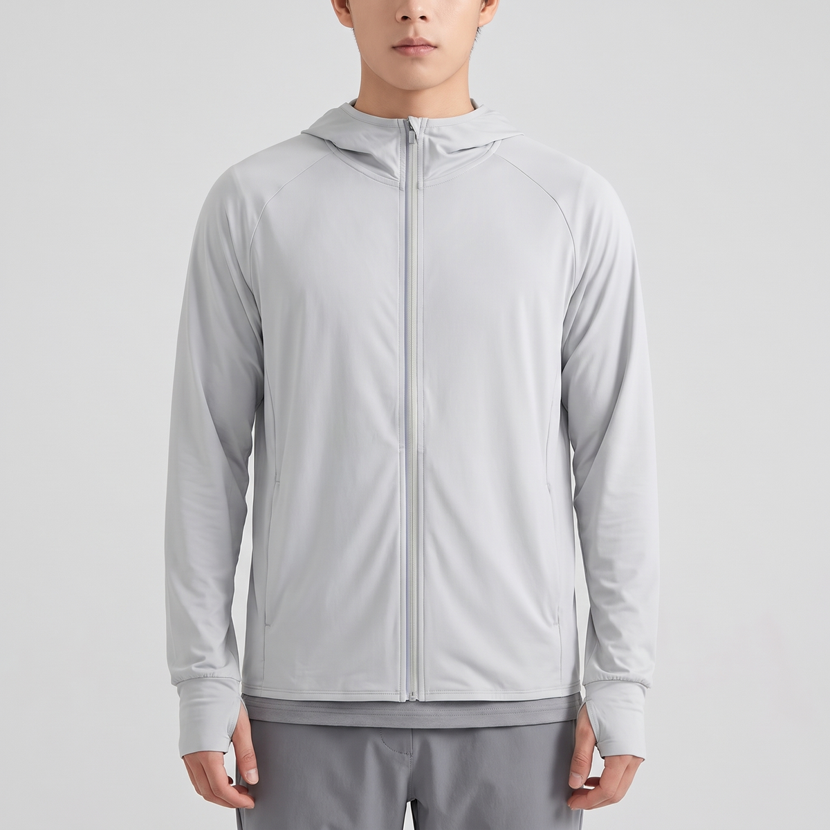 Men's full-zip sun hoodie in light grey, front view, single reflective trim beside the zip