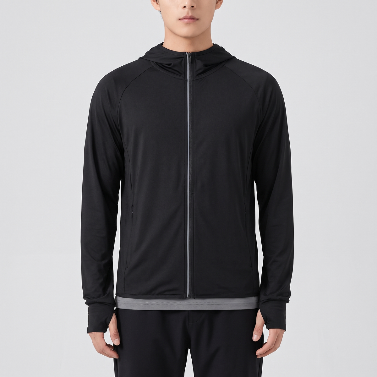 Men's full-zip sun hoodie in black, front view, single reflective trim beside the zip