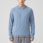 Men's full-zip sun hoodie in light blue, front view, single reflective trim beside the zip