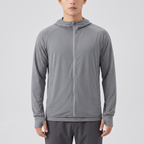 Men's full-zip sun hoodie in distant mountain grey, front view, single reflective trim beside the zip