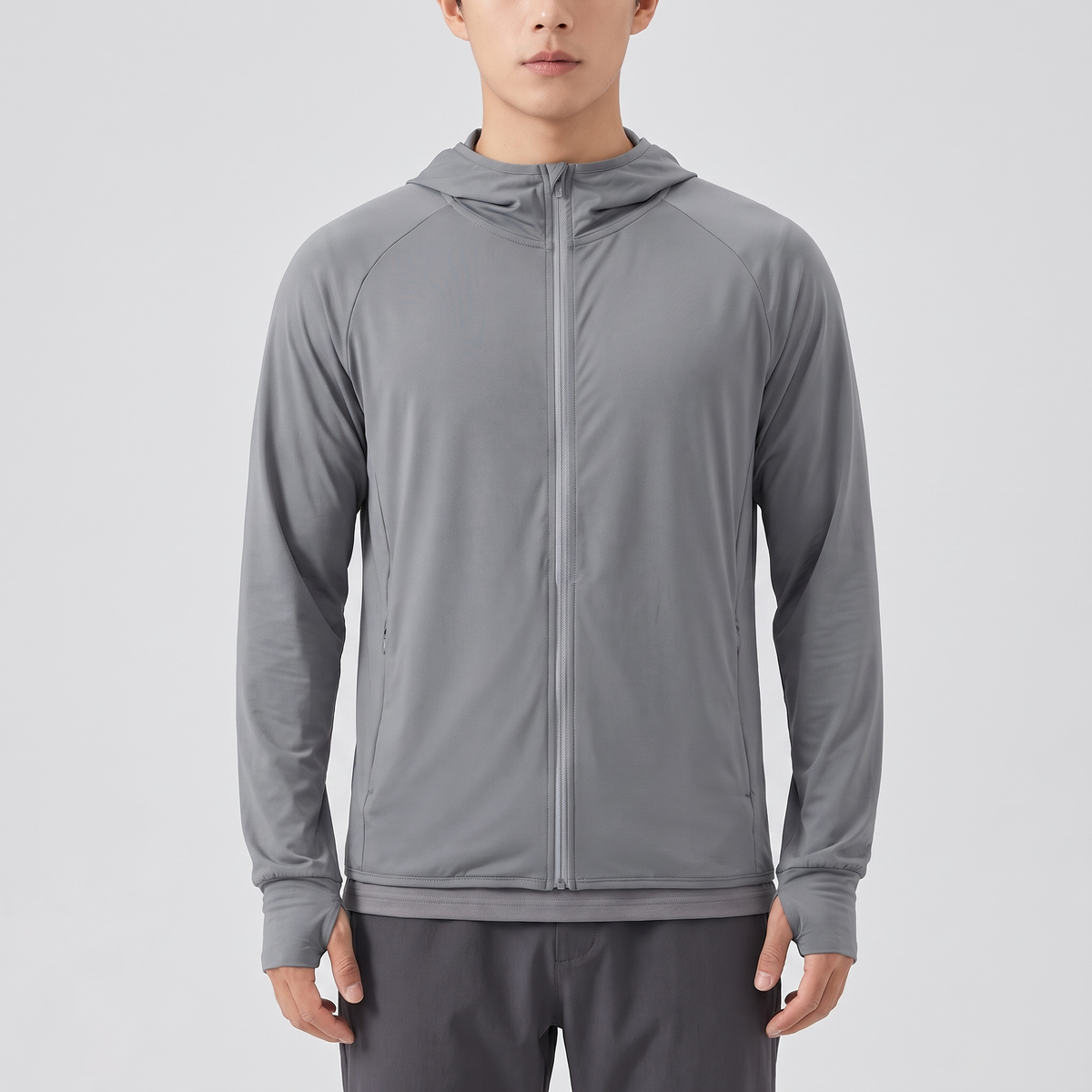 Men's full-zip sun hoodie in distant mountain grey, front view, single reflective trim beside the zip