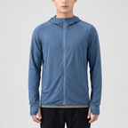 Men's full-zip sun hoodie in navy, front view, single reflective trim beside the zip