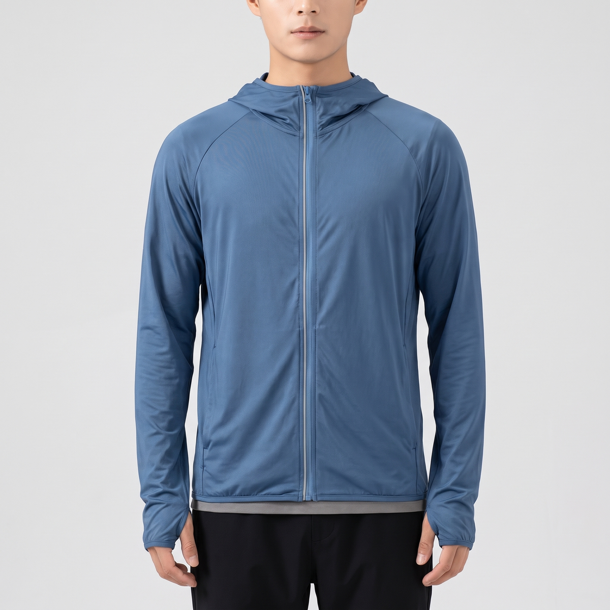 Men's full-zip sun hoodie in navy, front view, single reflective trim beside the zip