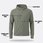 Anatomy of the sun hoodie: reflective trim, full-length zip, thumb-loop cuffs, plain hood