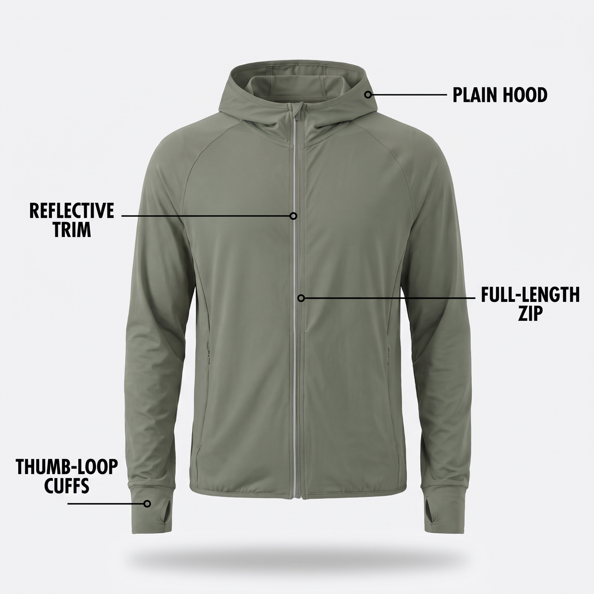 Anatomy of the sun hoodie: reflective trim, full-length zip, thumb-loop cuffs, plain hood